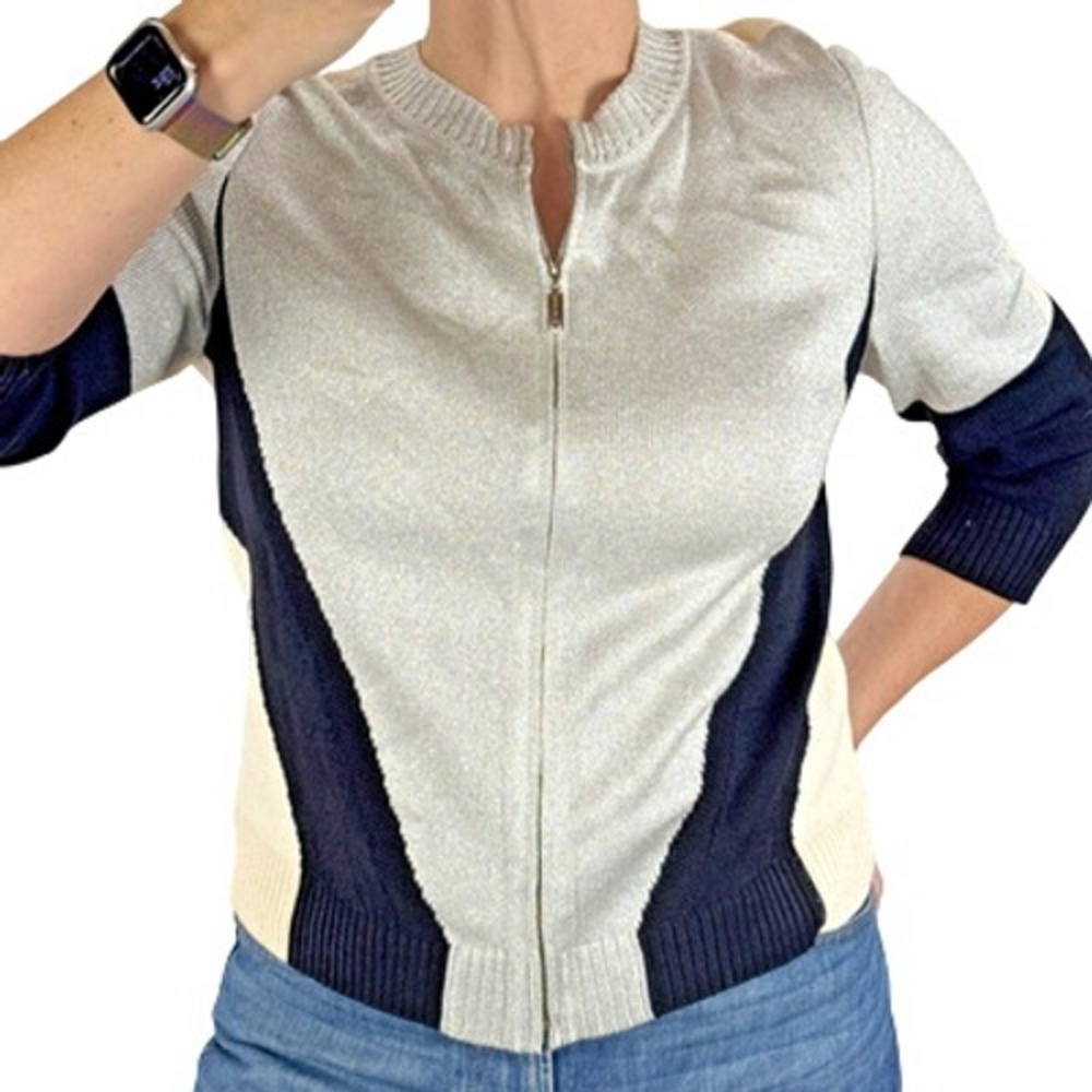 St John SoCa Womens Full Zip Colorblock Sweater Jacket Size M Wool 3/4 Sleeve